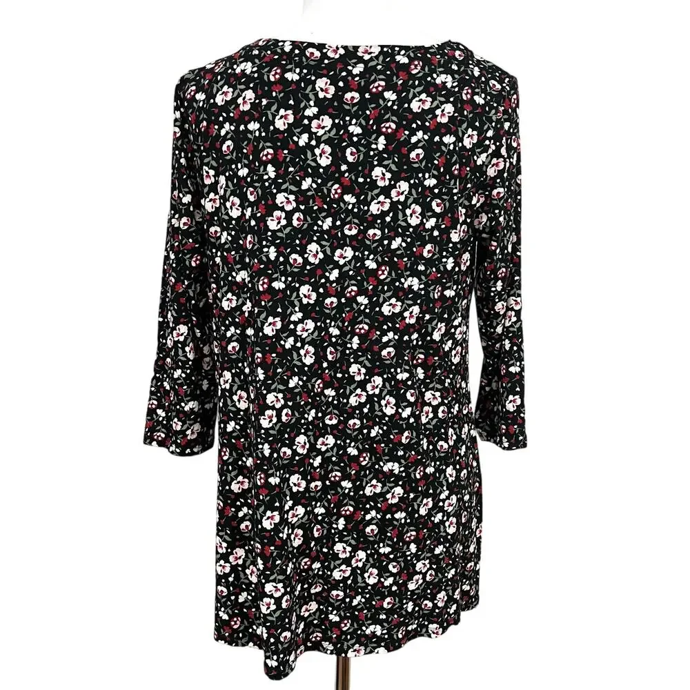 J.Jill Wearever Tunic Top Black Pink Floral Jersey Knit Stretch Side Slits Sz M